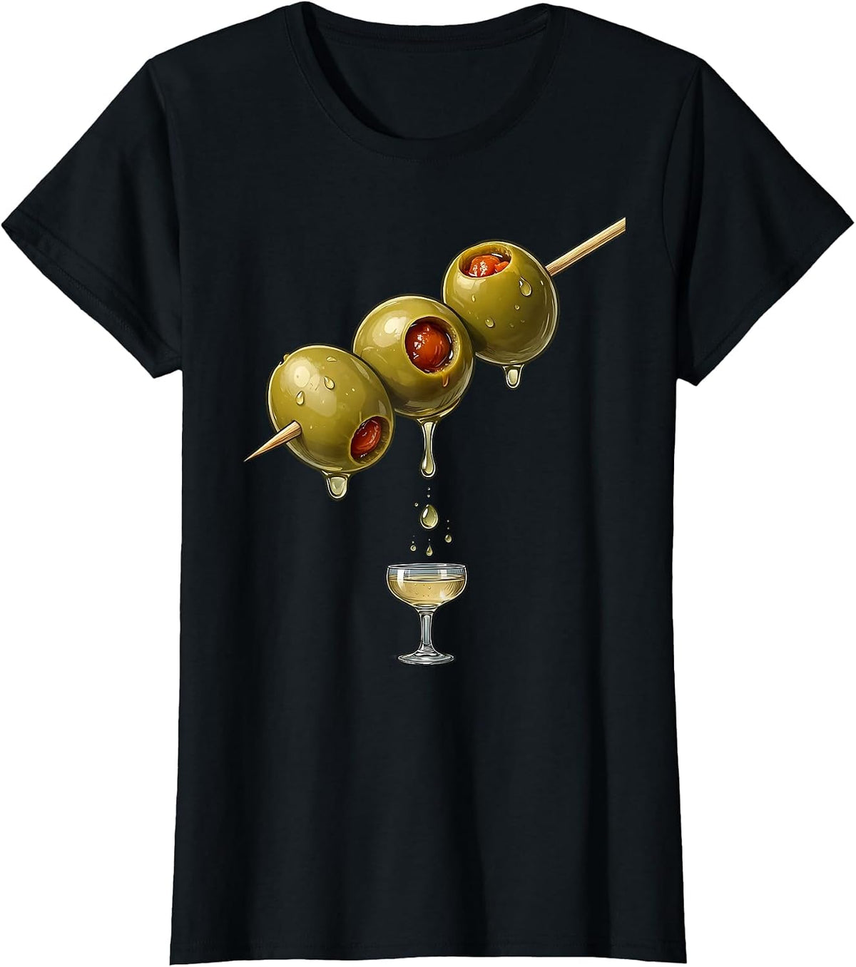 Women's Oversized Olive Toothpick Cocktail Lover Humor T-Shirt - Black