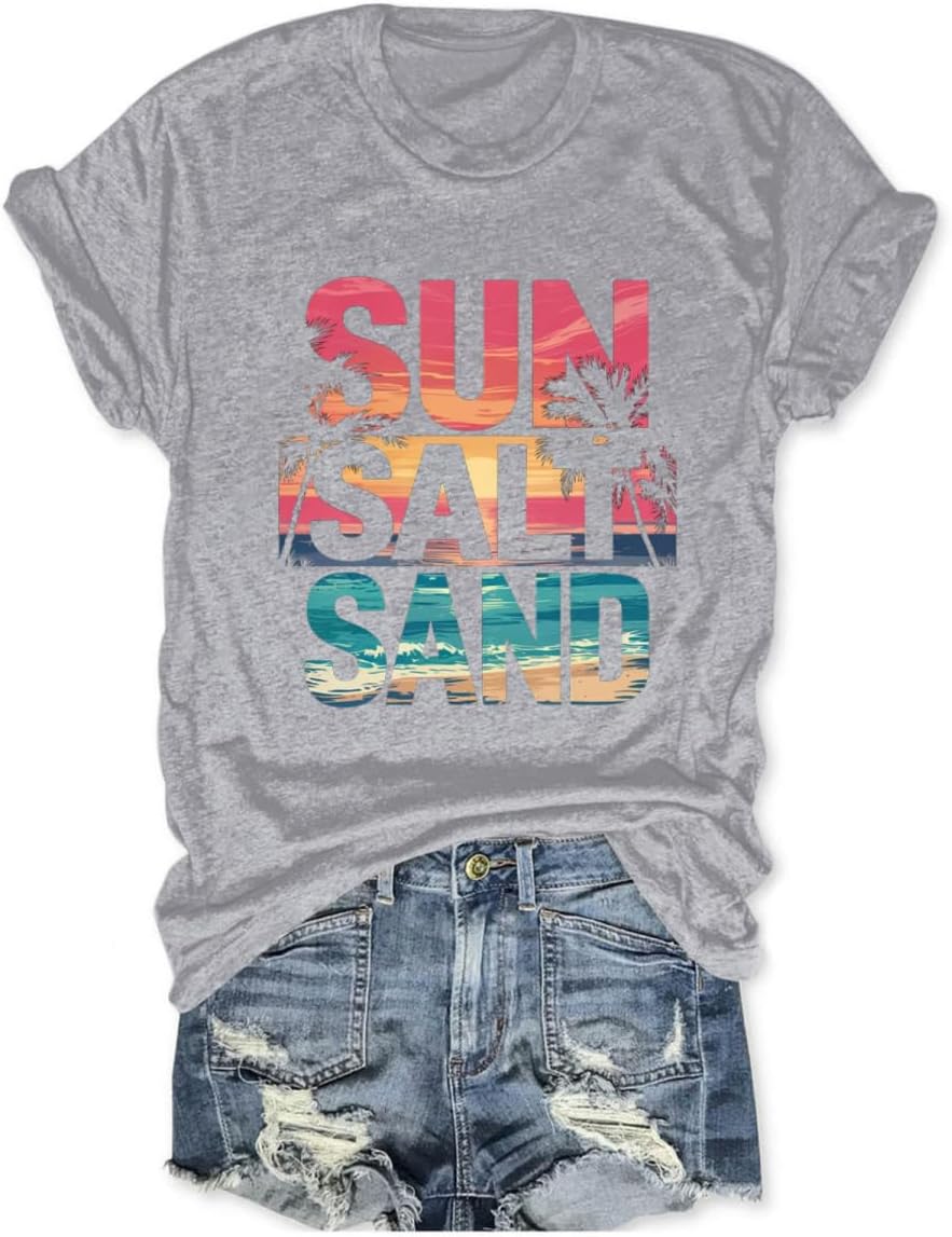 Beach Shirts for Women Sun Salt Sand Tshirt Summer Vacation Crew Neck Coconut Graphic Tees Lake Life T-Shirt - Grey
