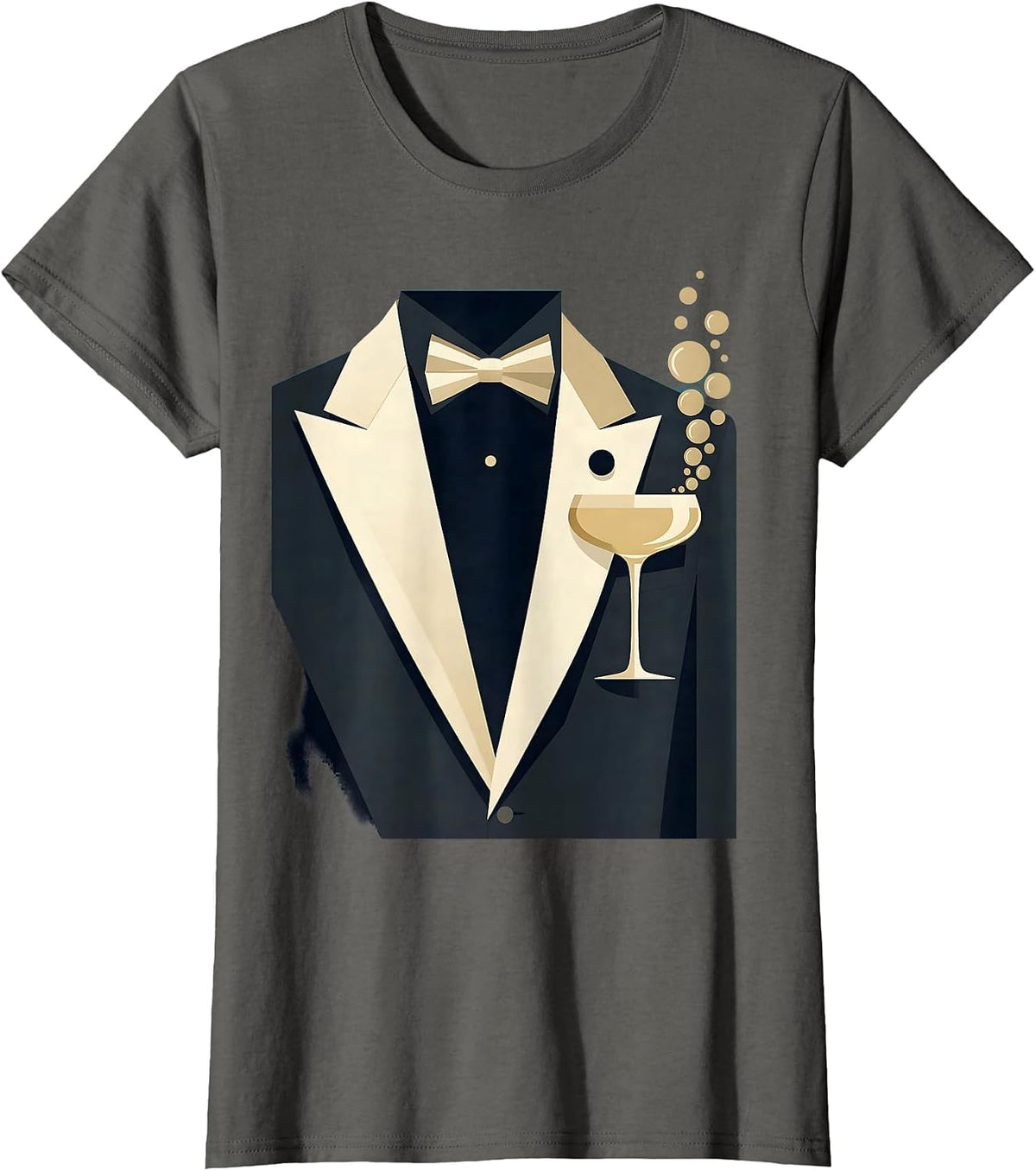 Women's Tuxedo Lapel Champagne Glass Graphic Tee T-Shirt - Asphalt Grey