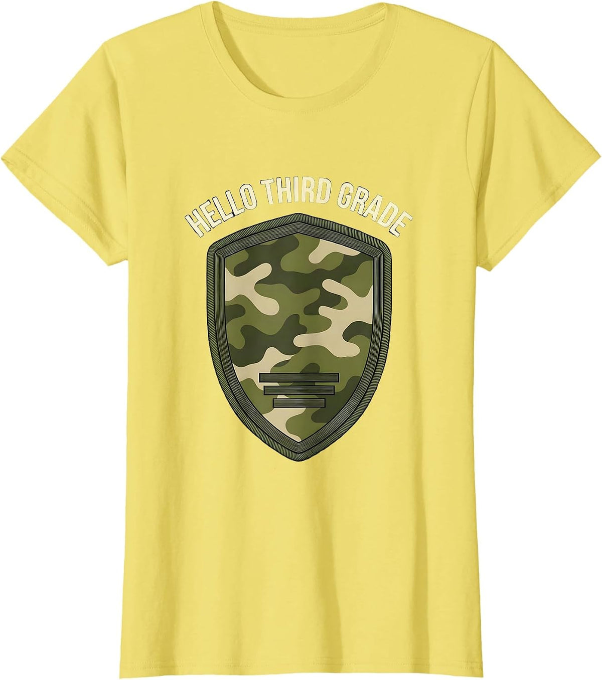 Women's Hello Third Grade Distressed Camo Back To School Boy Teacher T-Shirt - Lemon Yellow