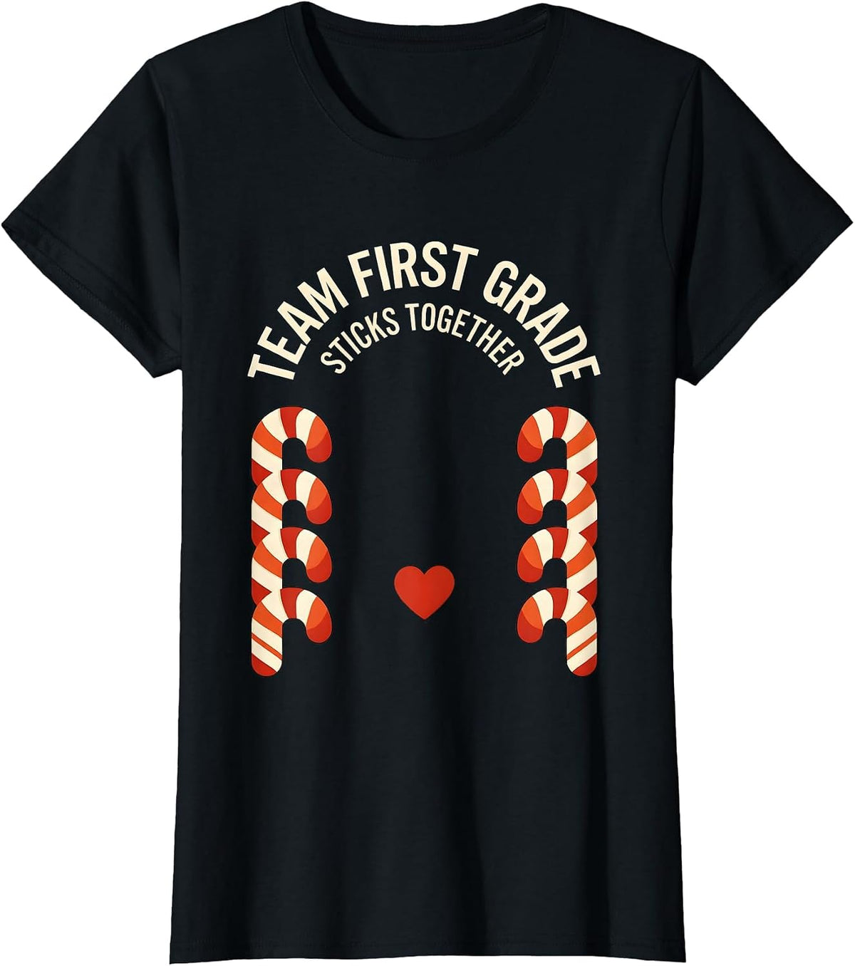 Women's Team First Grade Sticks Together Christmas Candy Cane T-Shirt - Black