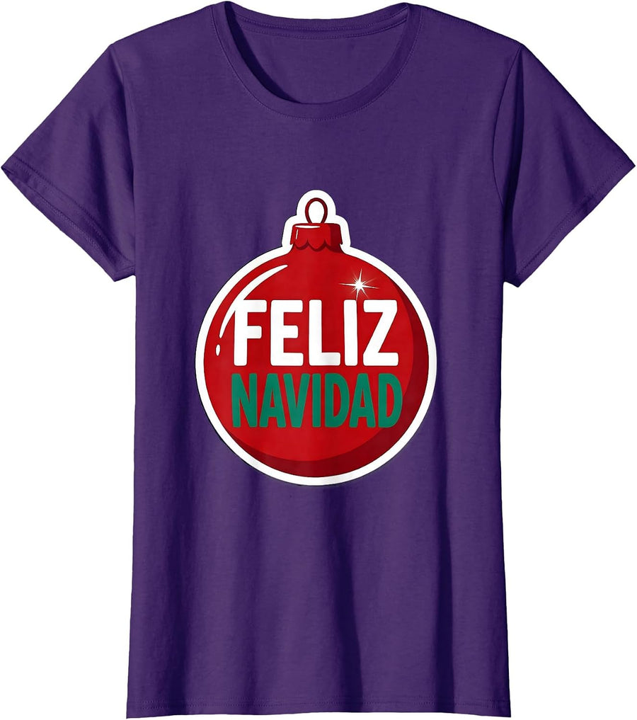 Women's Feliz Navidad Sticker Style Spanish Christmas Family Holiday T-Shirt - Purple