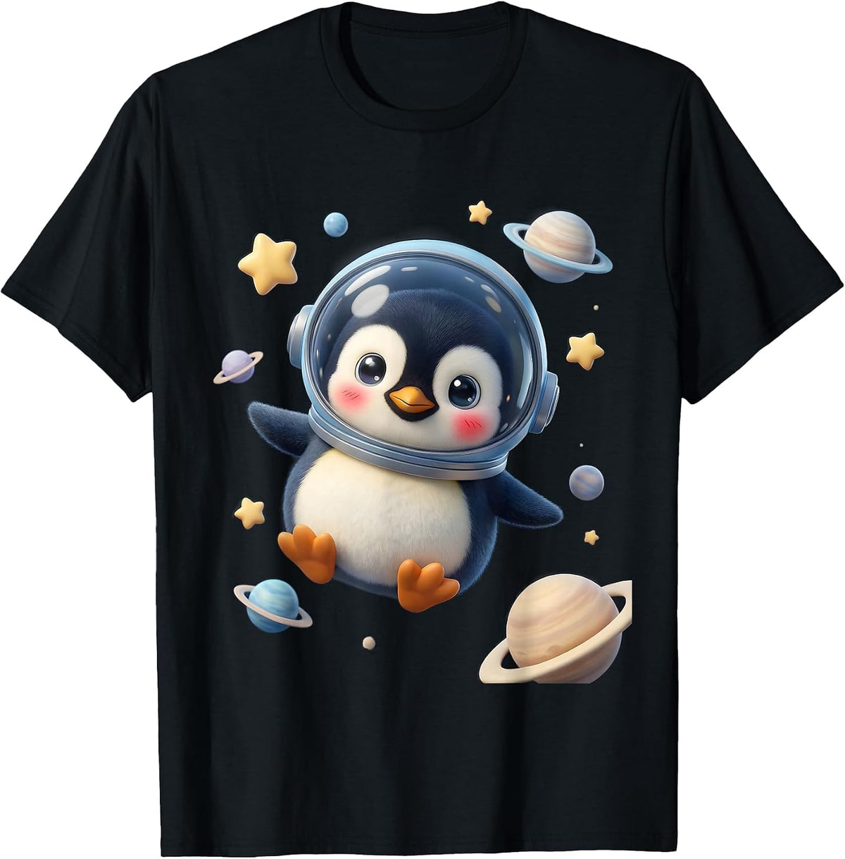 Men's Penguin Astronaut Floating in Outer Space T-Shirt - Black