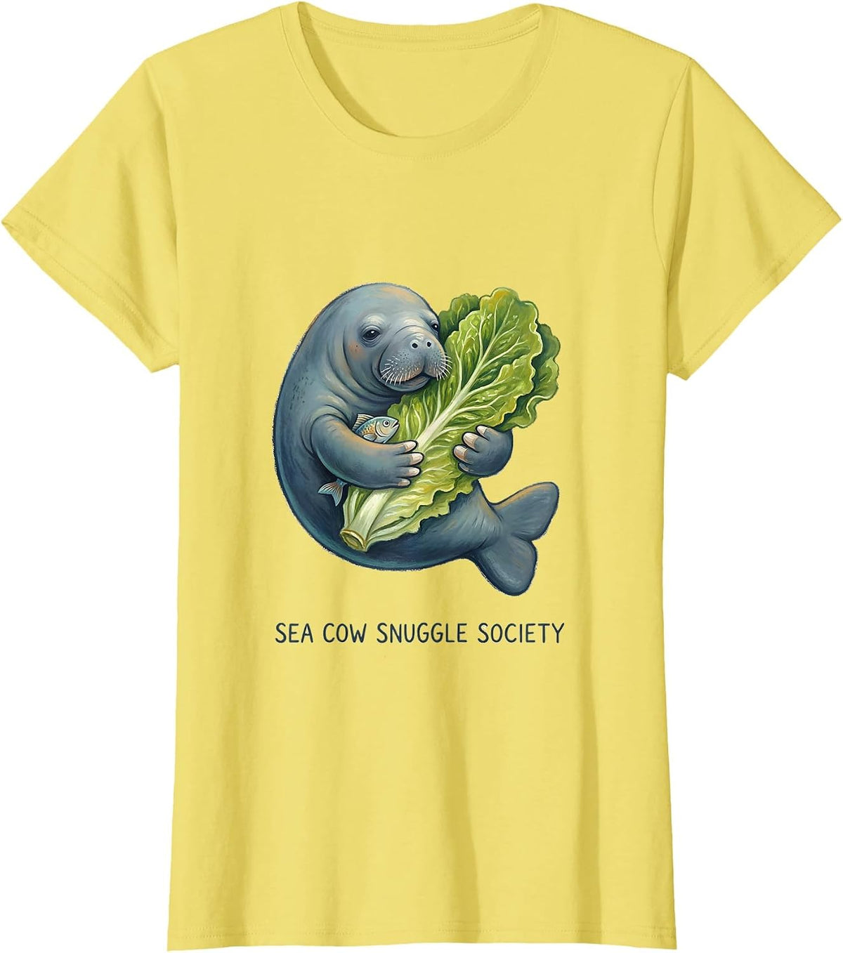 Women's Sea Cow Snuggle Society Storybook Manatee Lover Humor T-Shirt - Lemon Yellow