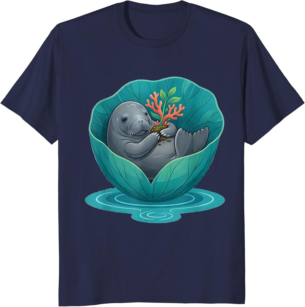 Manatee In Lily Leaf Funny Crystal River Florida Souvenir T-Shirt - Navy Blue