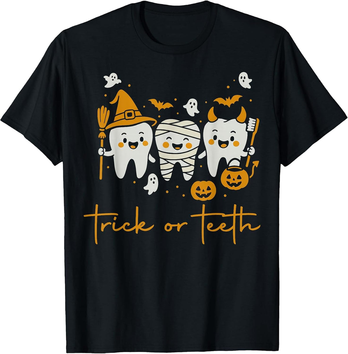 Funny Trick Or Teeth Dental Squad Halloween Dentist T-Shirt - Black