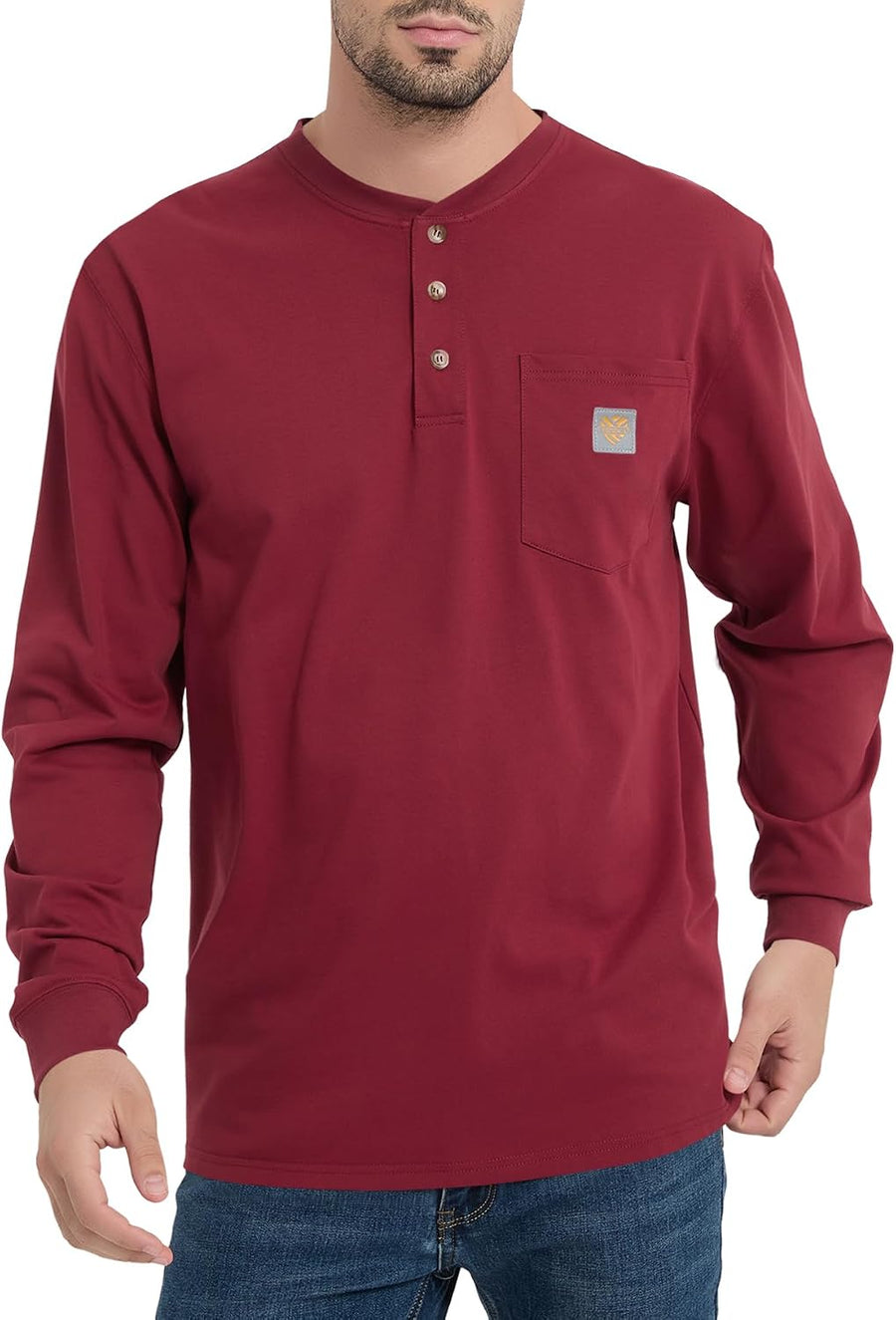Men's Heavyweight Long Sleeve Henley Work Shirt, Regular & Tall - Wine