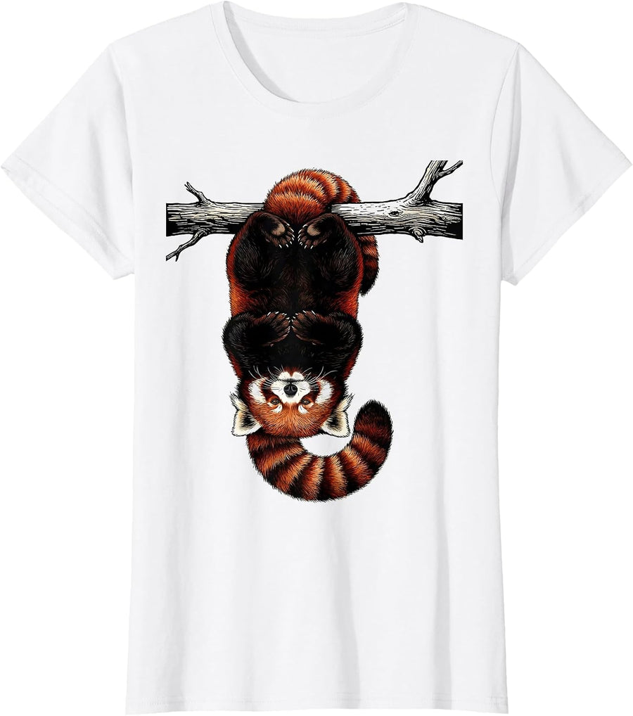 Women's Red Panda Hanging Line Art Animal Lover Humor Gift T-Shirt - White