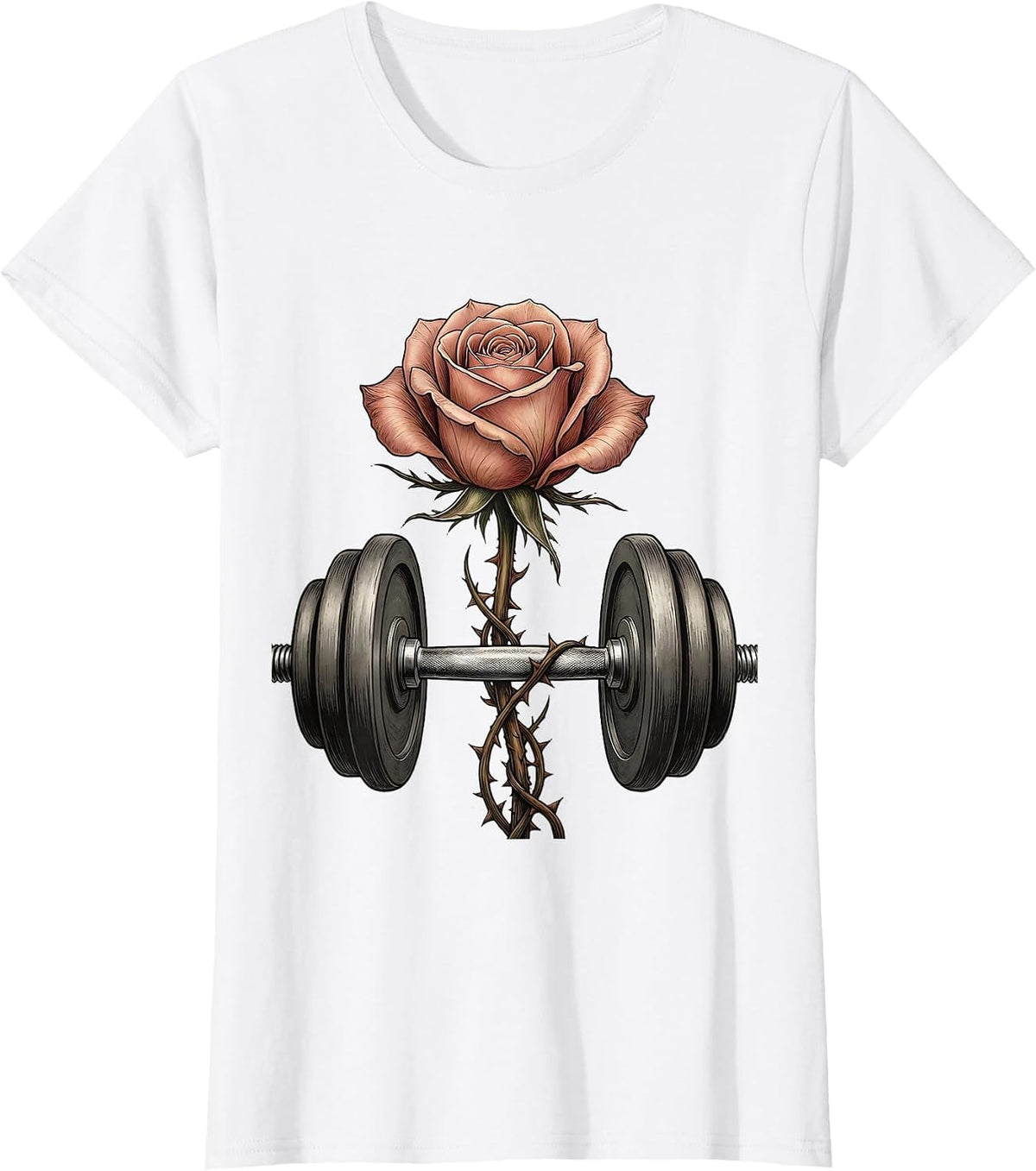 Rose Blooming From Dumbbell Floral Fitness Design T-Shirt - White