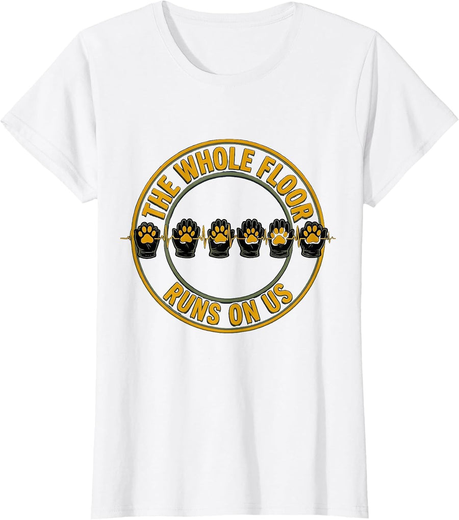 Women's The Whole Floor Runs On Us Bold Hollow Vet Tech Heartbeat T-Shirt - White