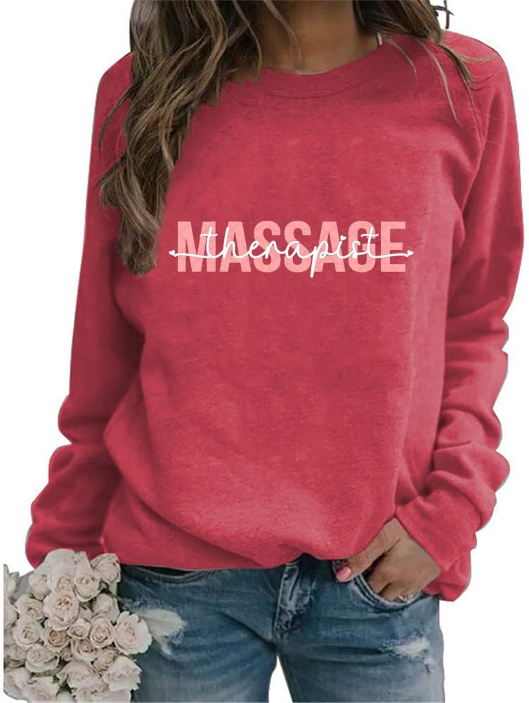 Massage Therapy Sweatshirt Women's Cute Long Sleeve Crewneck Pullover Massage Therapist Gift Student Shirts Top - Red