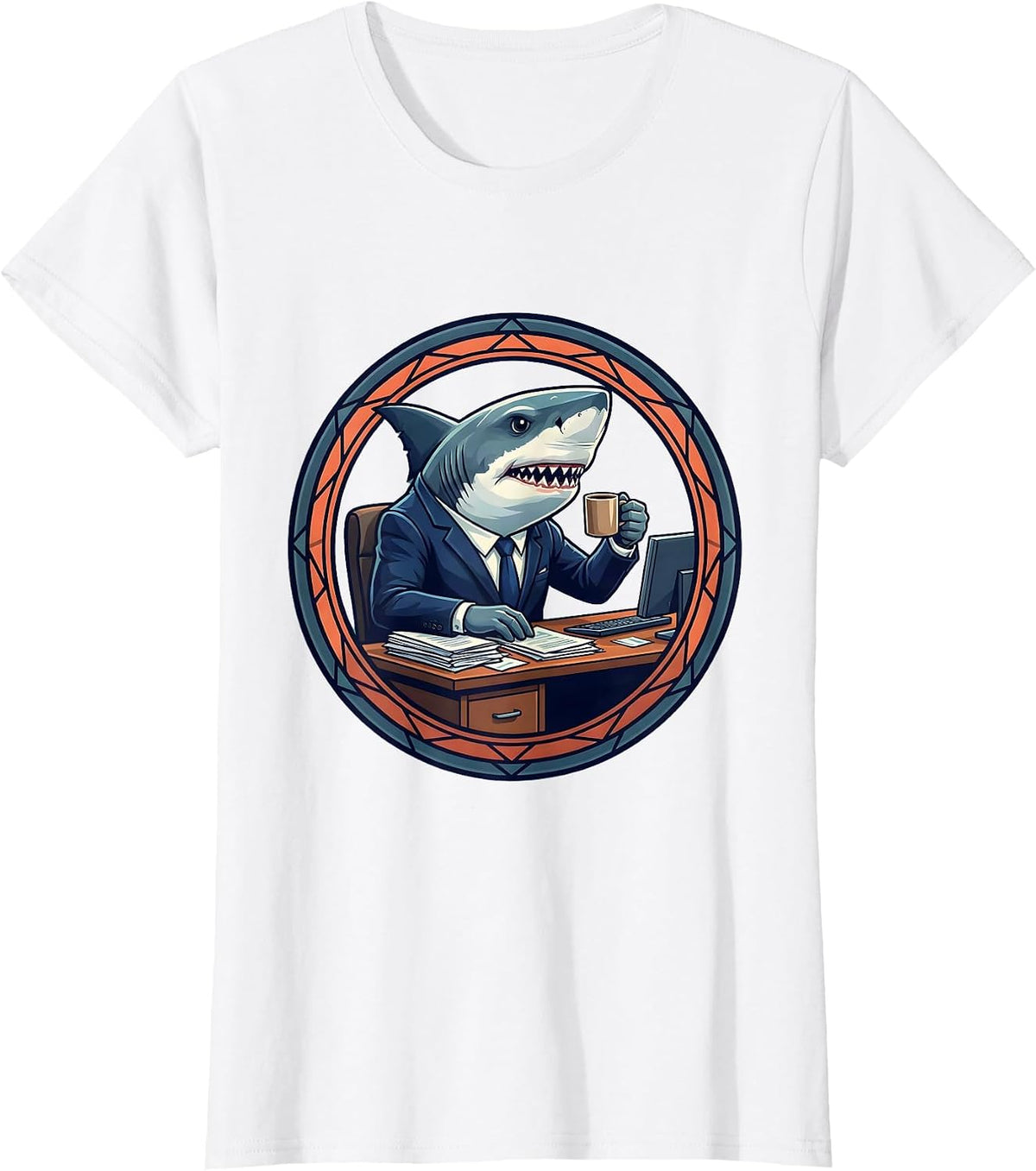 Shark Business Suit Office Desk Funny Graphic T-Shirt - White
