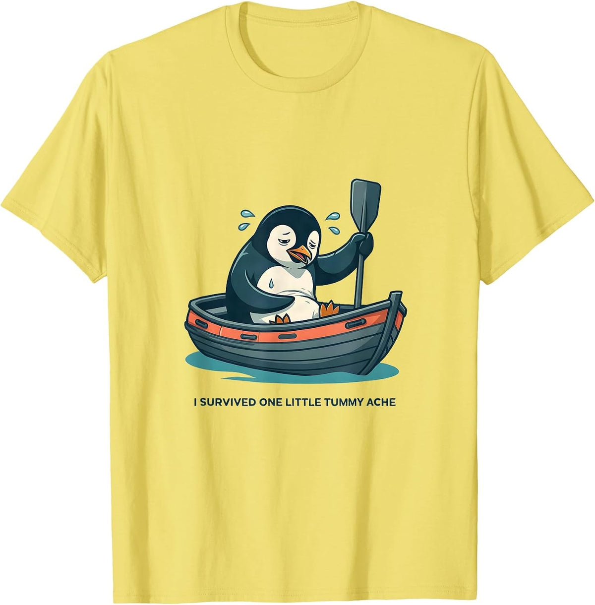 I Survived One Little Tummy Ache Funny Penguin Meme Humor T-Shirt, Men, Lemon Yellow, Medium - As Pictured
