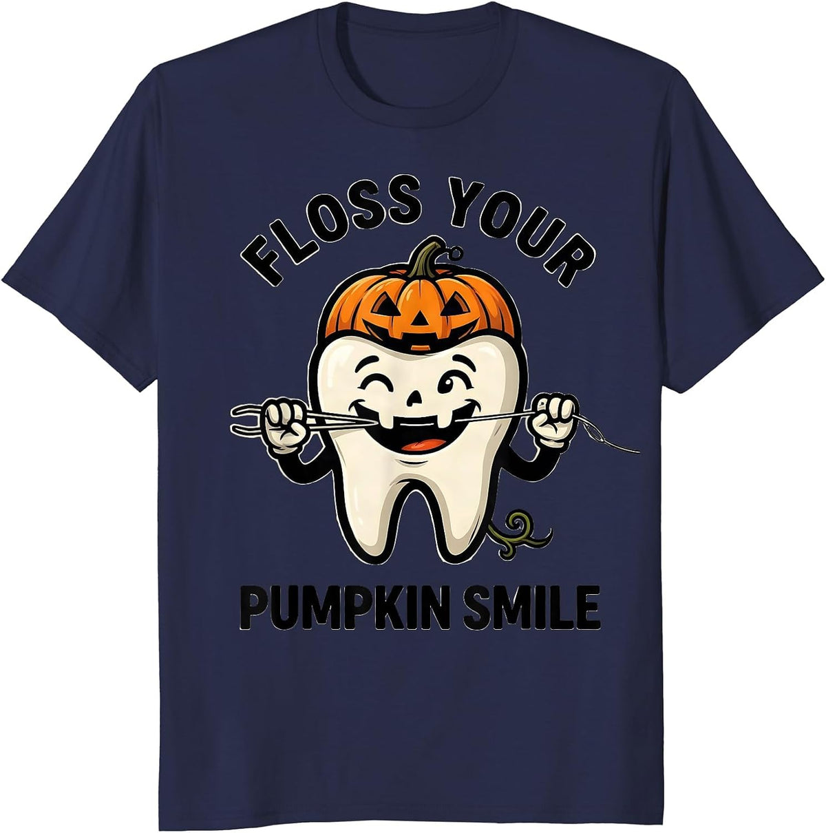 Floss Your Pumpkin Smile Cartoon Dental Hygienist Halloween T-Shirt - Navy Blue