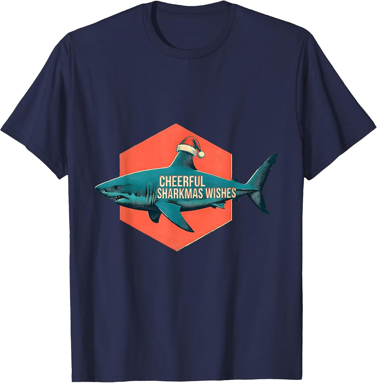 Cheerful Sharkmas Wishes Risograph Funny Shark Lover T-Shirt - Navy Blue