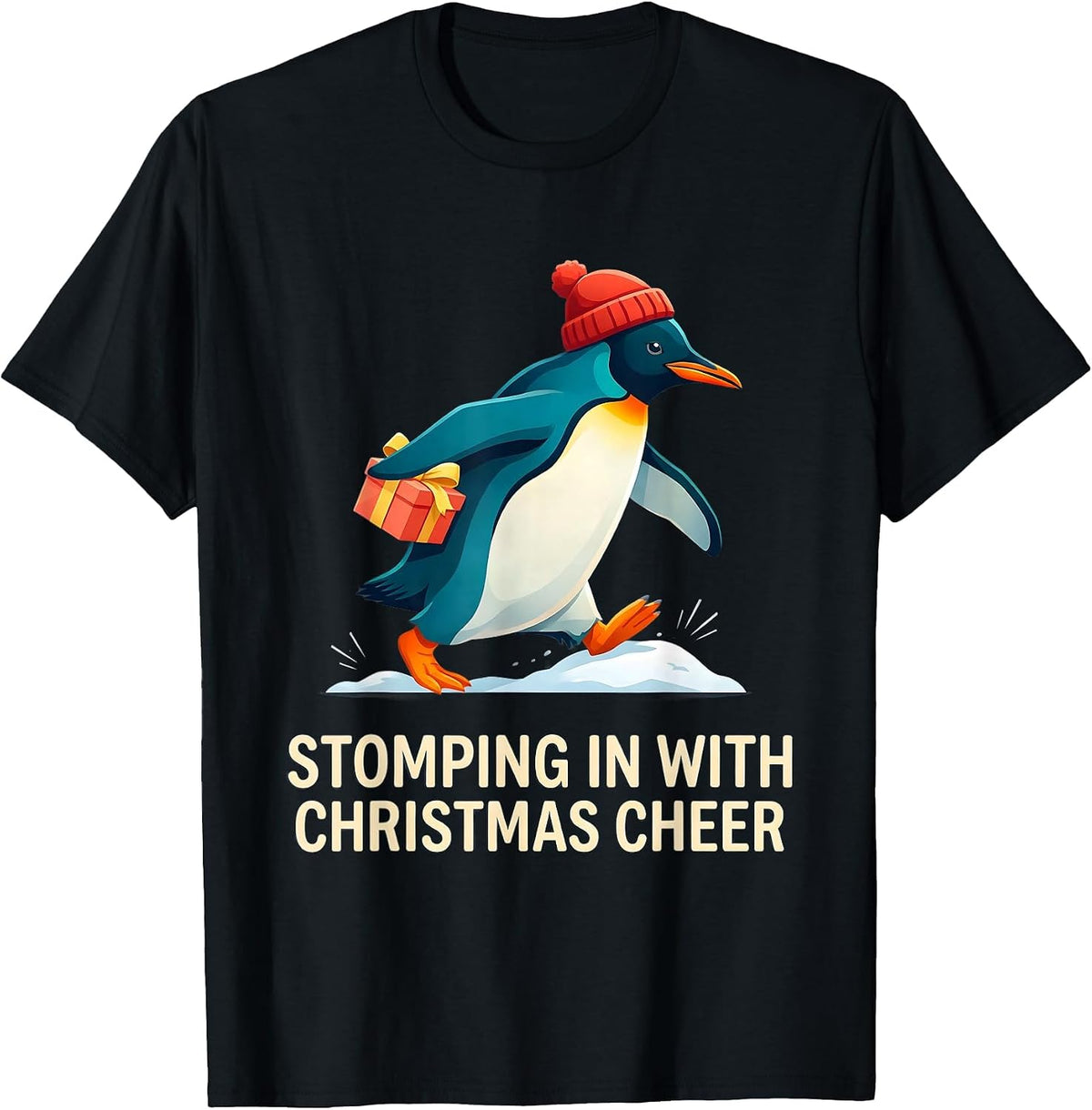 Men's Stomping In With Christmas Cheer Funny Penguin Lover T-Shirt - Black
