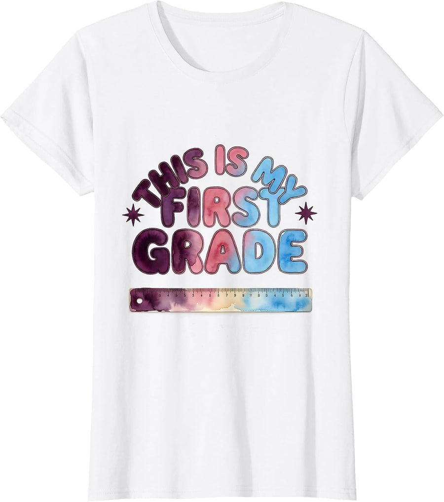 Women's This Is My First Grade Watercolor Back to School Girl T-Shirt - White
