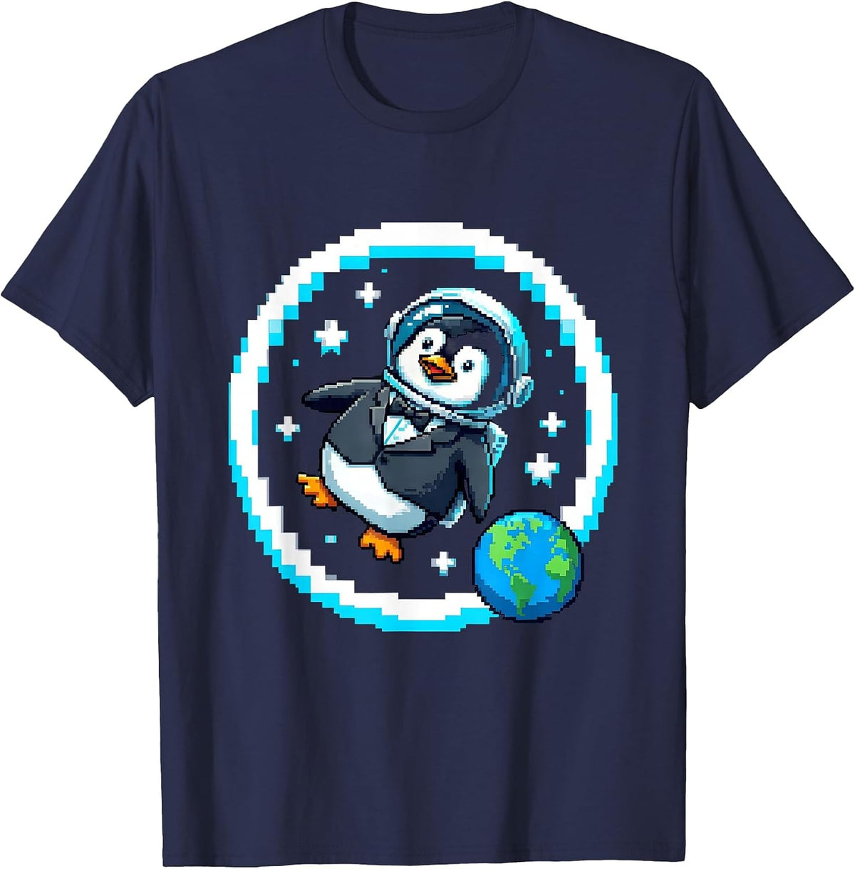 Penguin Astronaut Floating in Outer Space T-Shirt - Navy Blue