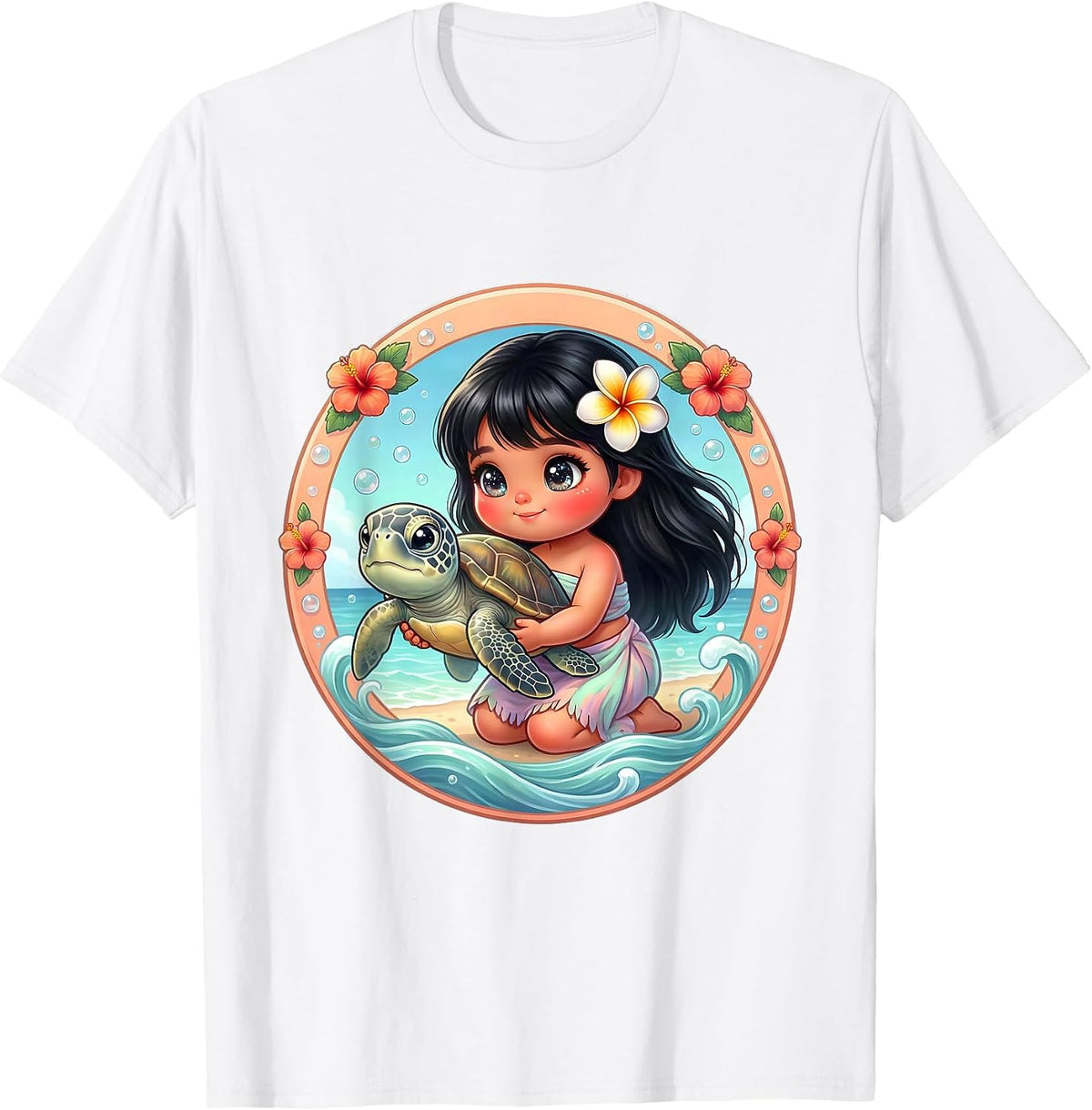Men's Hawaiian Girl Releasing Sea Turtle Ocean Art T-Shirt - White