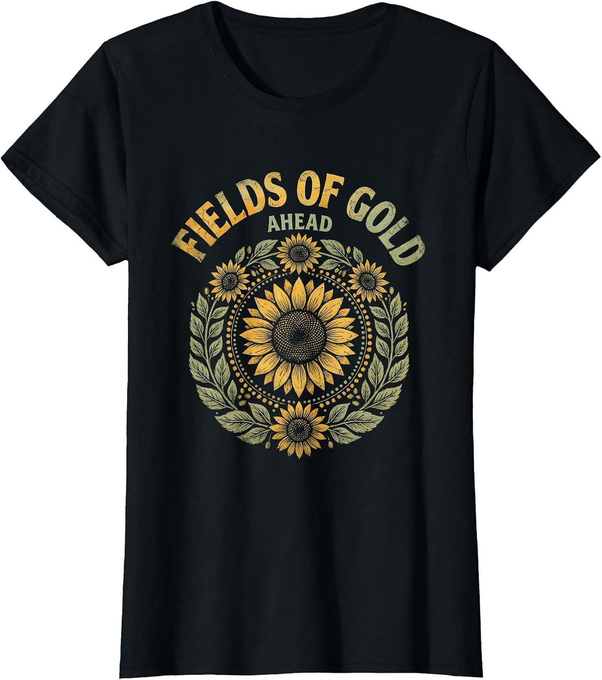 Fields of Gold Ahead Sunflower Floral Design T-Shirt - Black