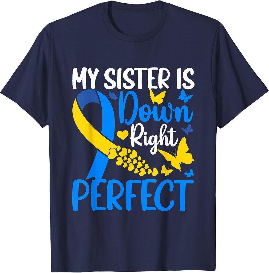 T21 Sister Down Syndrome Awareness Butterfly Sibling T-Shirt - Navy Blue