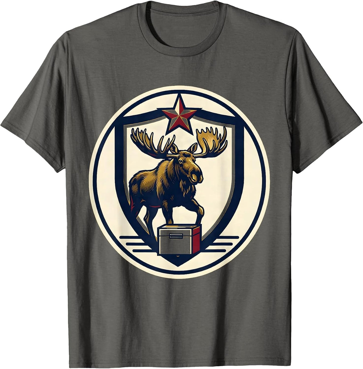 Men's Bull Moose Shield Badge Political Satire History Lover T-Shirt - Asphalt Grey
