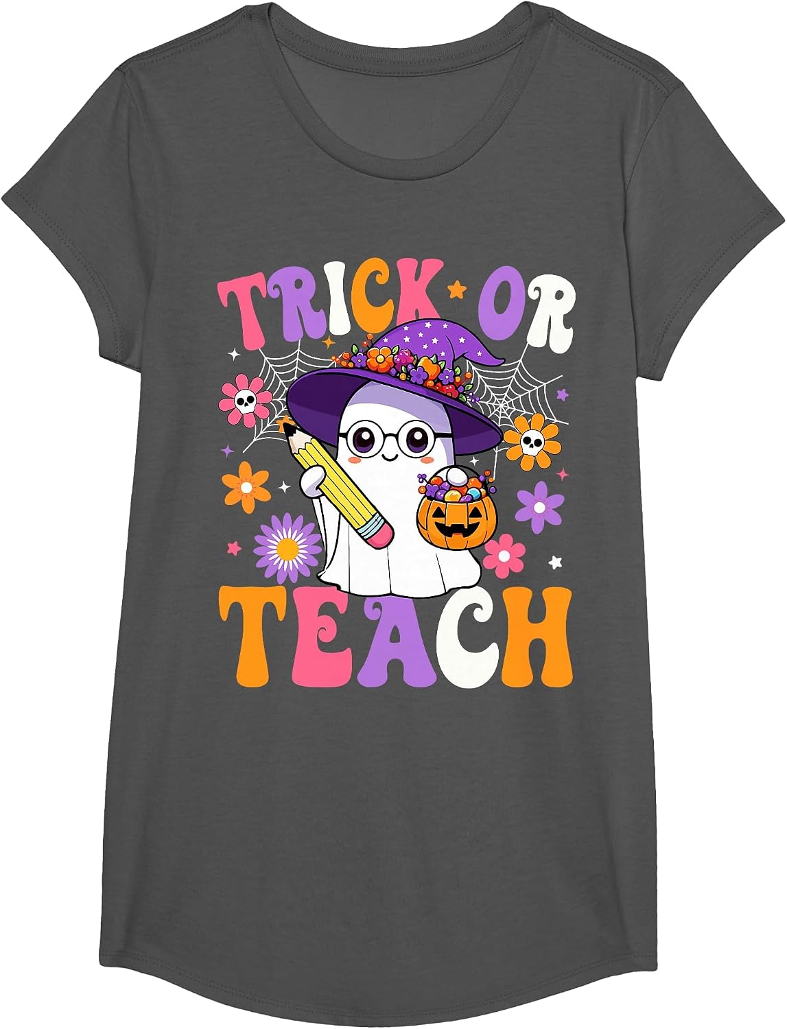 Trick Or Teach Teacher Ghost Teaching Fun Halloween Teacher T-Shirt - Girls Asphalt Grey
