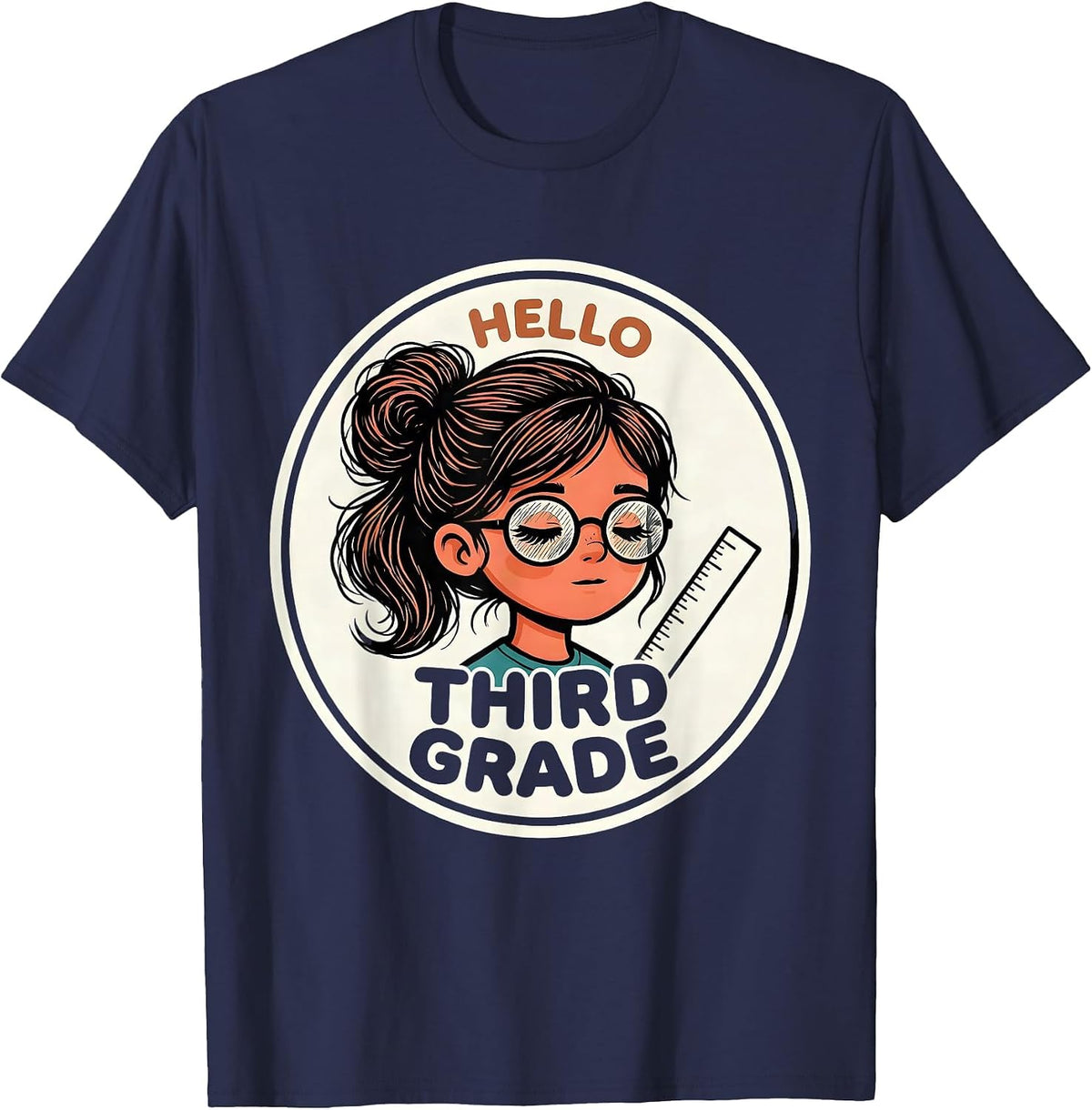 Hello Third Grade Back To School Messy Bun Cartoon Girl T-Shirt - Navy Blue