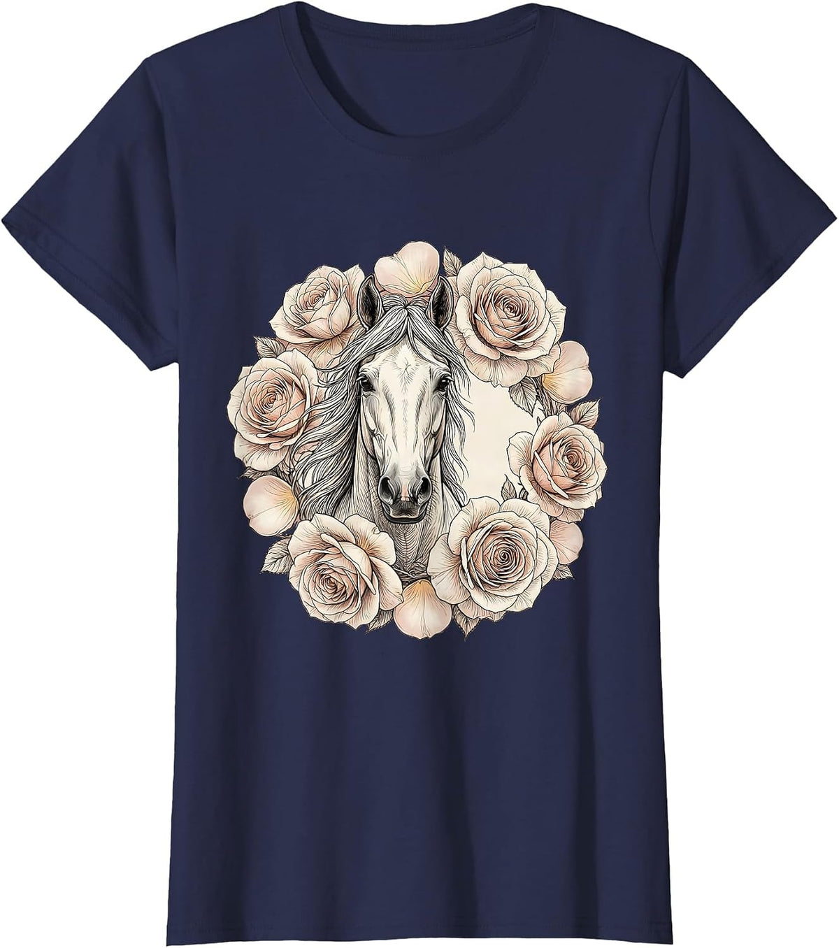 Women's Floral Derby Horse Portrait Blooming Roses T-Shirt - Navy Blue