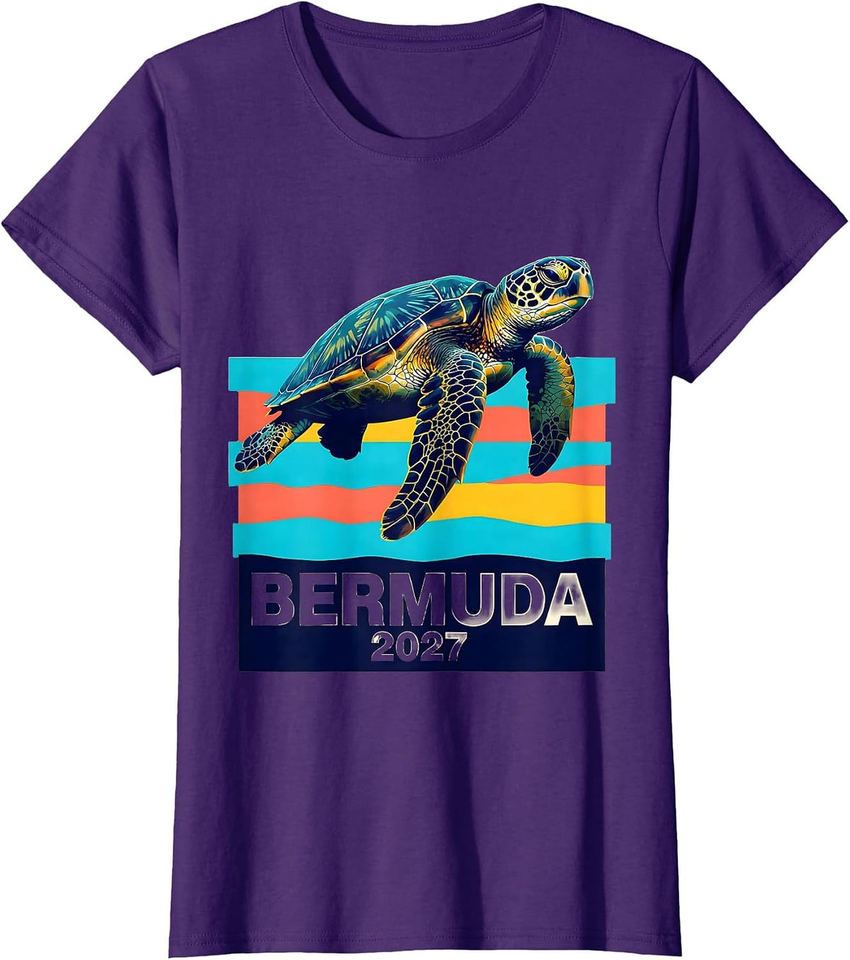 Women's Bermuda 2027 Screenprint Sea Turtle Tropical Vacation T-Shirt - Purple