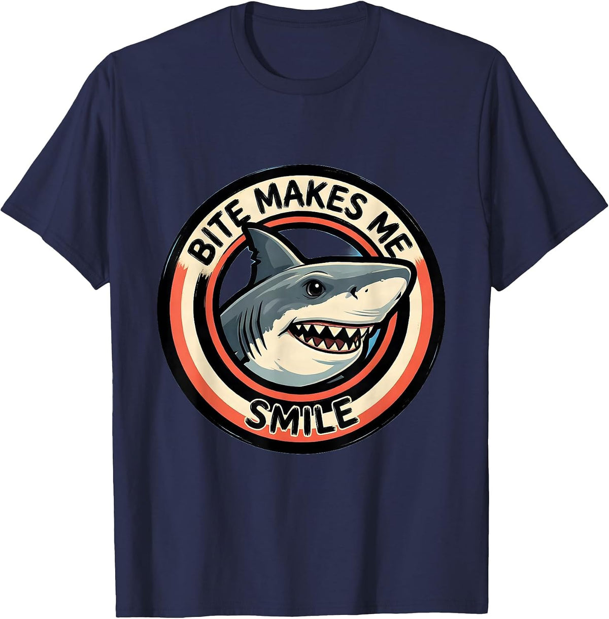Men's Bite Makes Me Smile Playful Shark Lover Ocean Wildlife Humor T-Shirt - Navy Blue