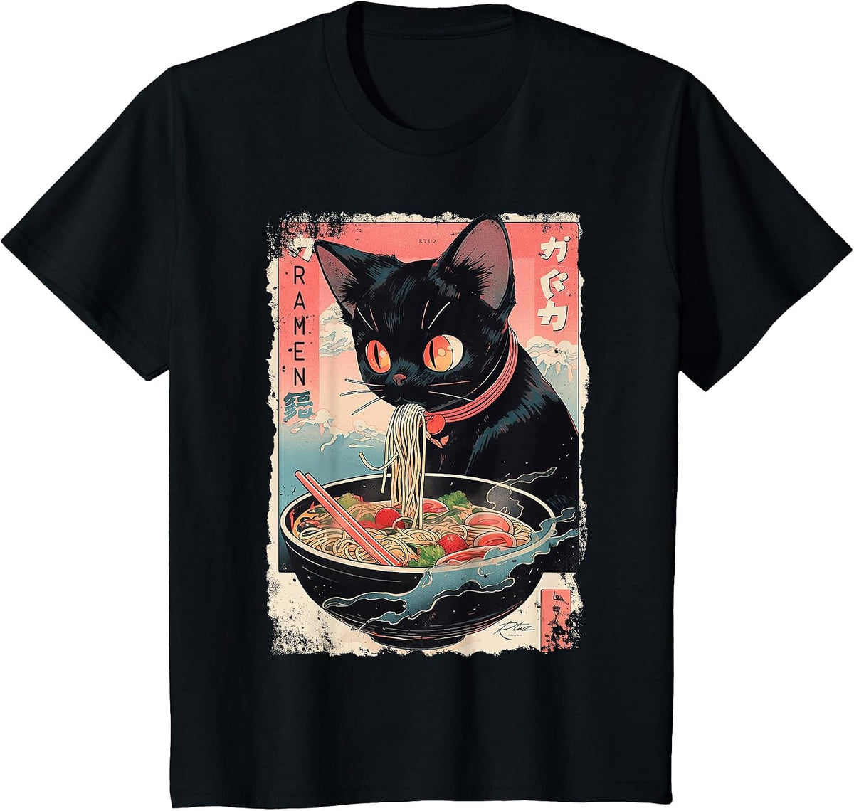 Ramen Noodles Cat Japan Y2K Kawaii Retro Cats Manga Anime T-Shirt - Black