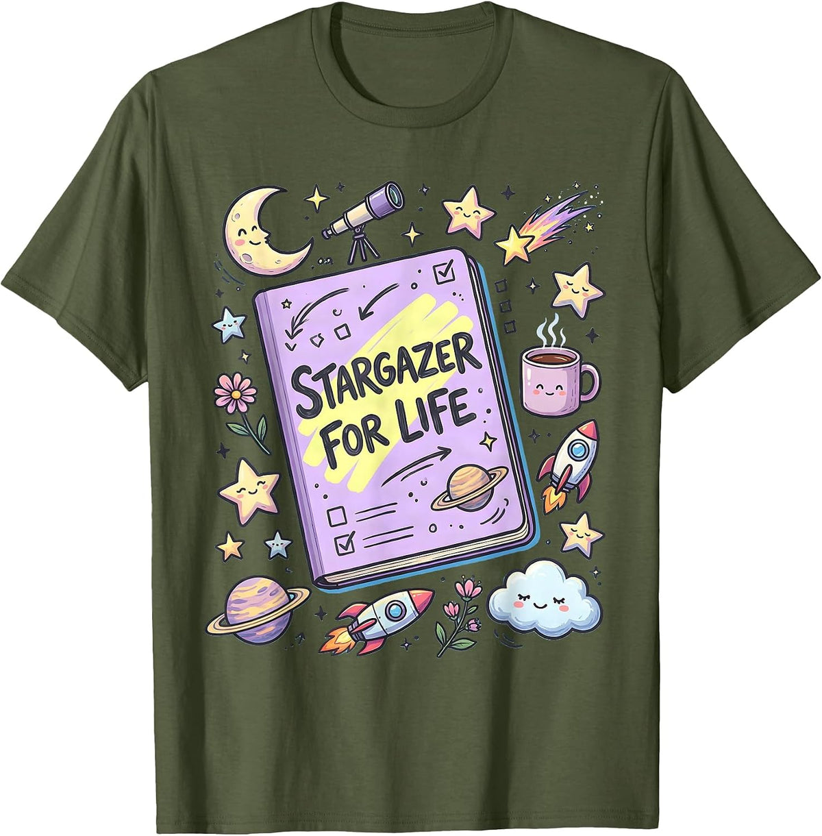 Men's Stargazer For Life Astronomy Night Sky Design T-Shirt - Olive Green