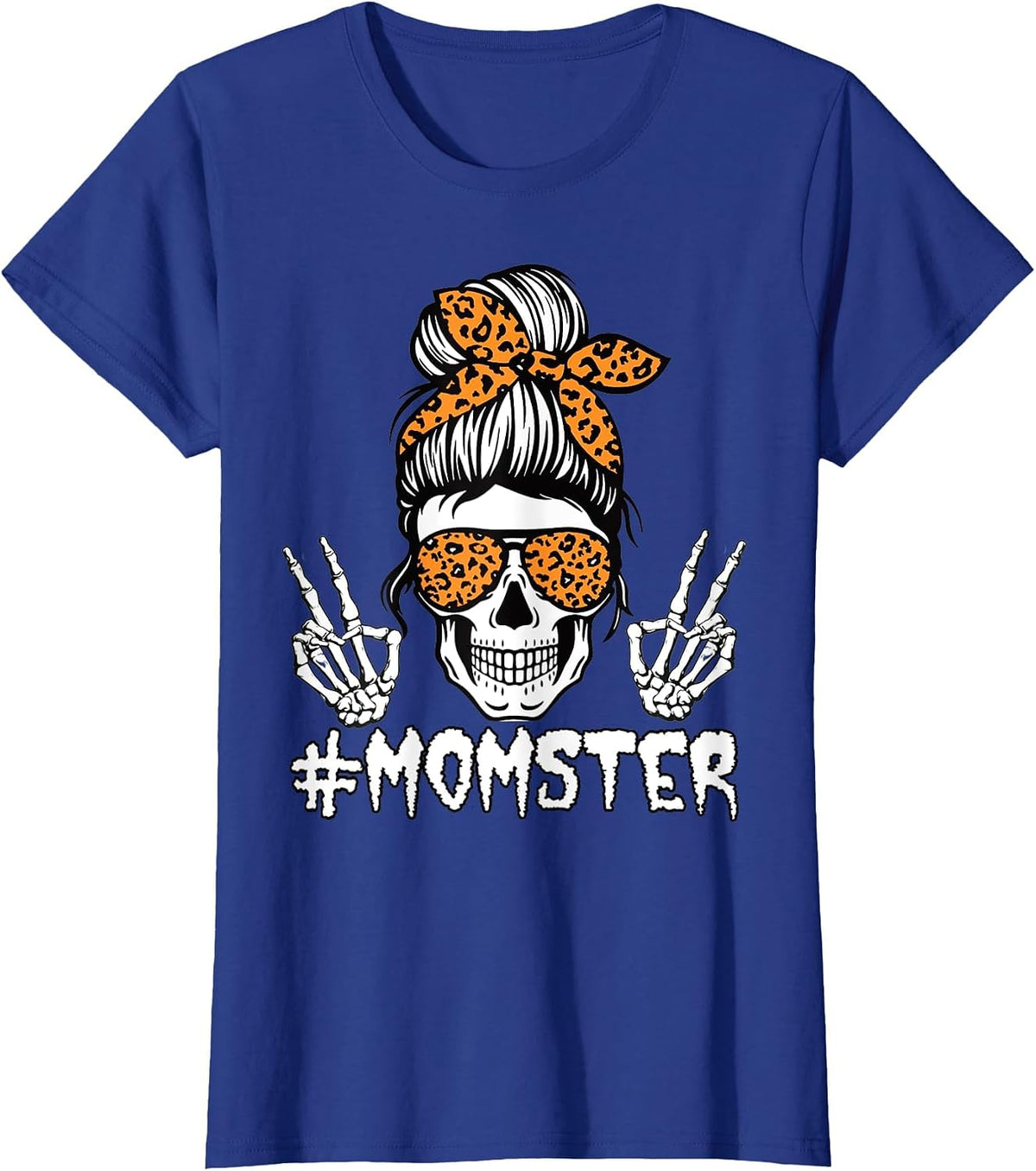 Momster Halloween Skull Mom Leopard Messy Bun Hair Monster T-Shirt - Royal Blue