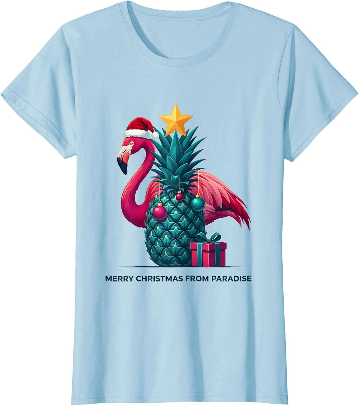 Merry Christmas From Paradise Funny Pink Flamingo Christmas T-Shirt - Baby Blue