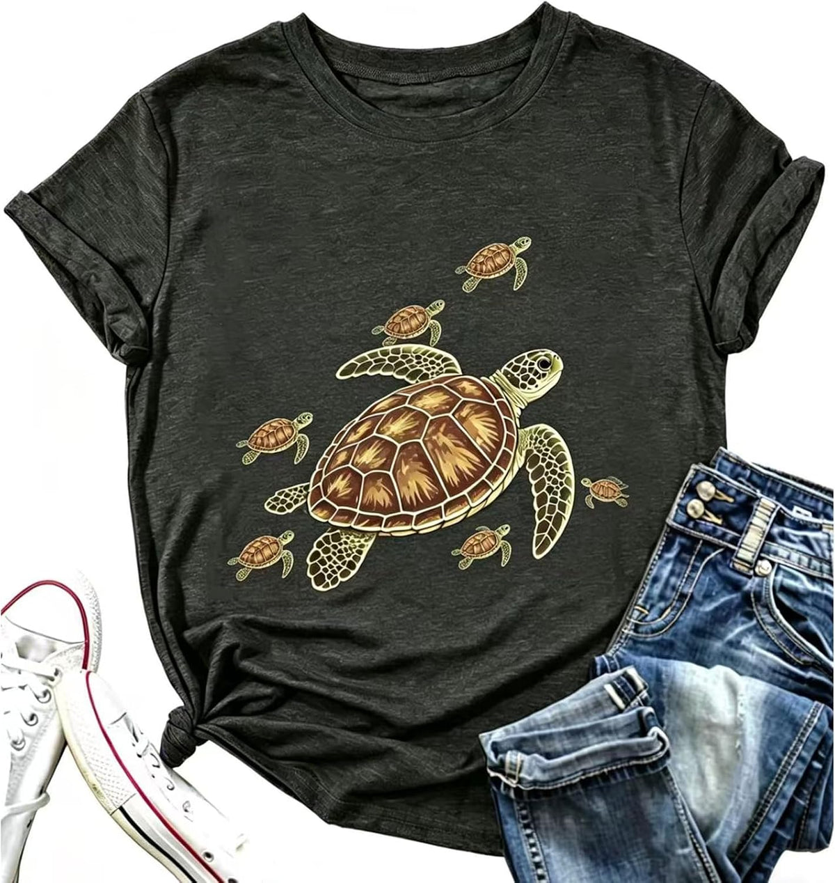 Turtle Graphic T-Shirt, Black Cotton Casual Tee, Short Sleeve Unisex Design - Dark Grey