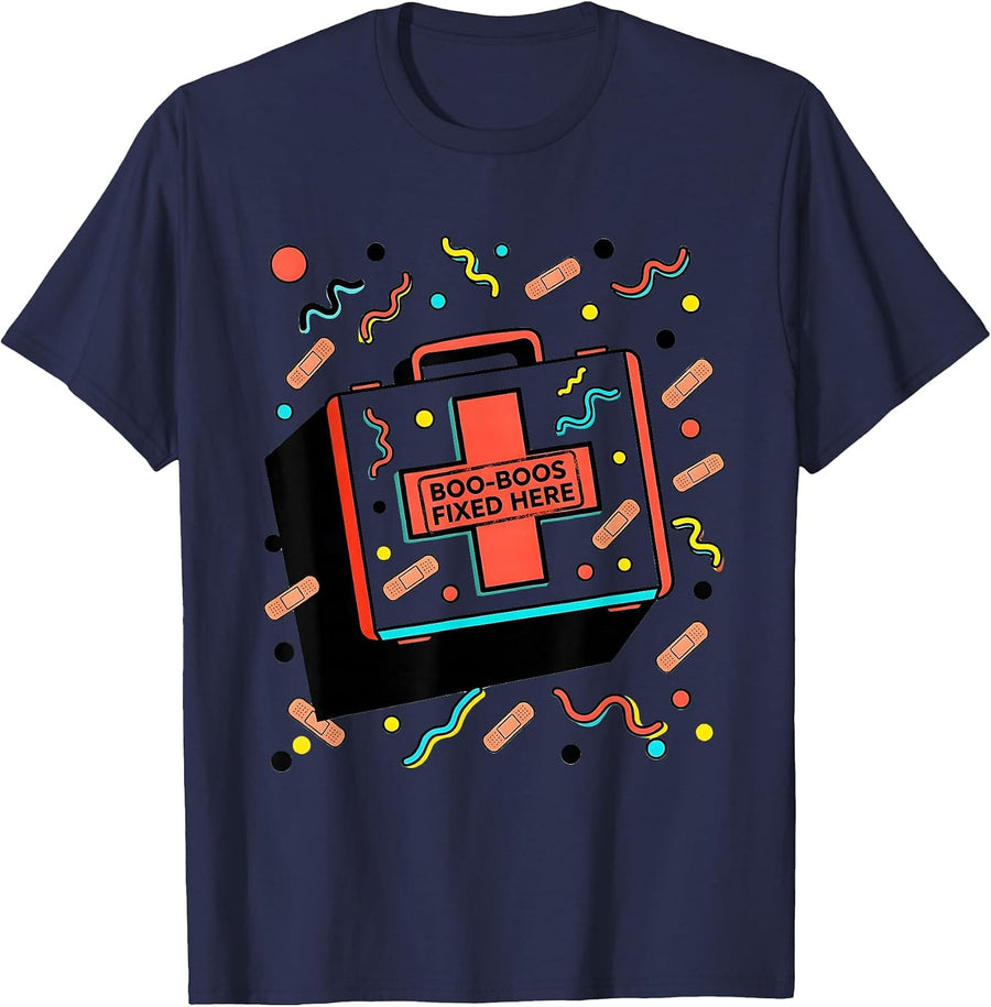 Boo-Boos Fixed Here School Nurse Design T-Shirt - Navy Blue