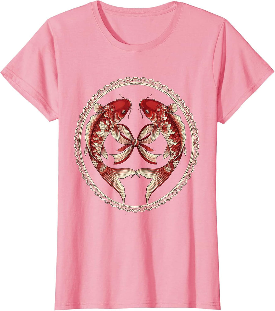 Women's Couples Matching Koi Fish Swimming in Circle T-Shirt - Pink