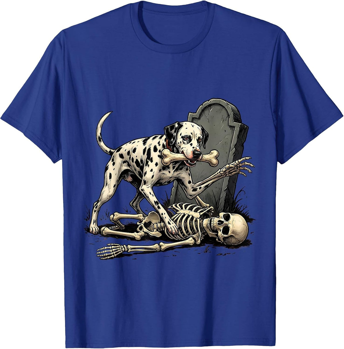 Spotted Dalmatian Chasing Skeleton Funny Dog Mom Halloween T-Shirt - Royal Blue