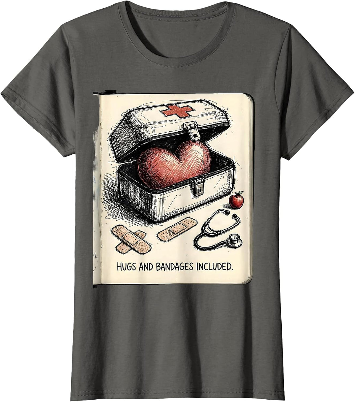 Women's Hugs And Bandages Included School Nurse Design T-Shirt - Asphalt Grey