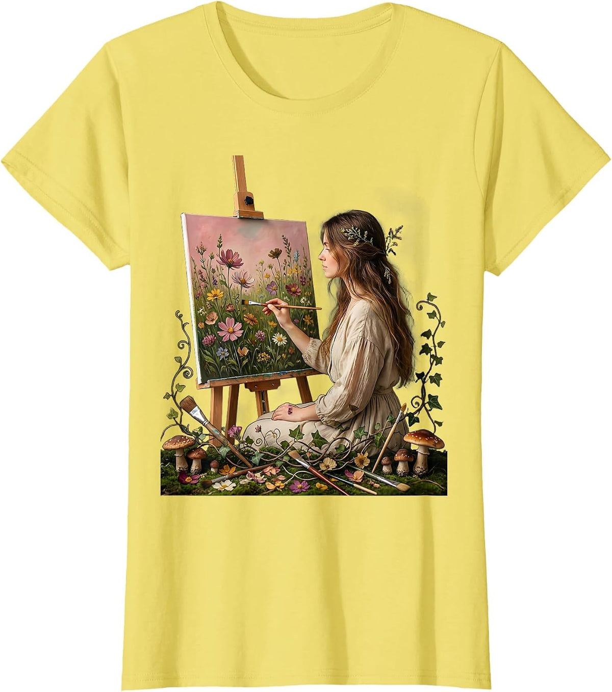 Women's Artist Painter Canvas Brushes College Art Studio T-Shirt - Lemon Yellow