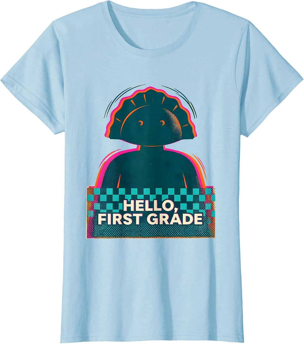 Hello, First Grade Cute Dumpling Girl Back to School Teacher T-Shirt - Baby Blue
