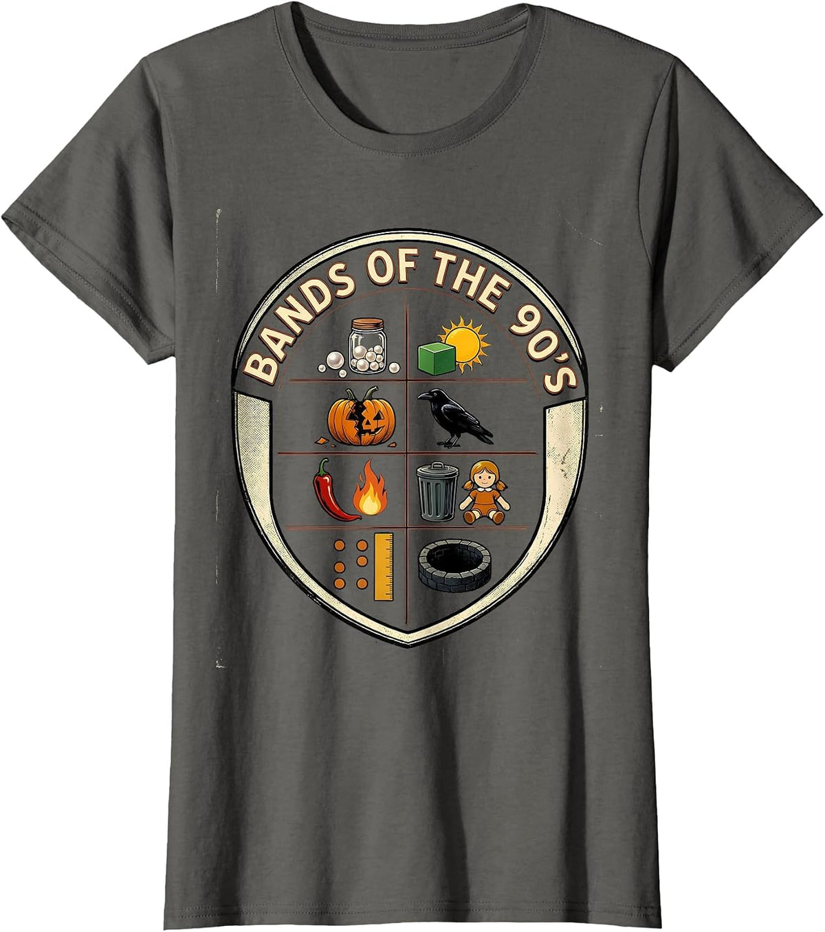 Women's Bands Of The 90's Vintage Retro Music Trivia Rebus Humor T-Shirt - Asphalt Grey