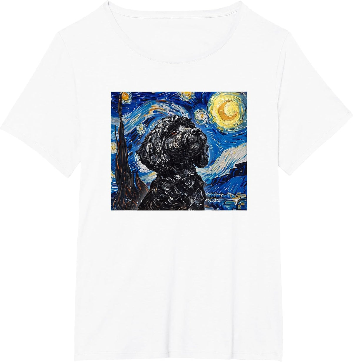Cute Illustration Painting Starry Night Black Cockapoo Lover T-Shirt - White
