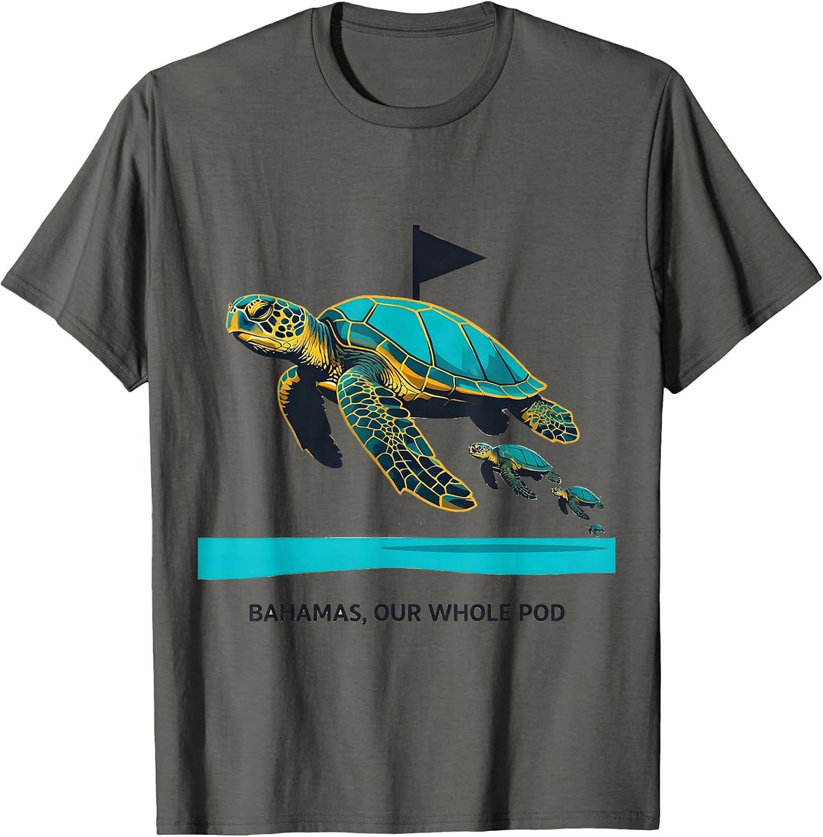 Bahamas, Our Whole Pod Flat Vector Sea Turtle Souvenir T-Shirt - Asphalt Grey