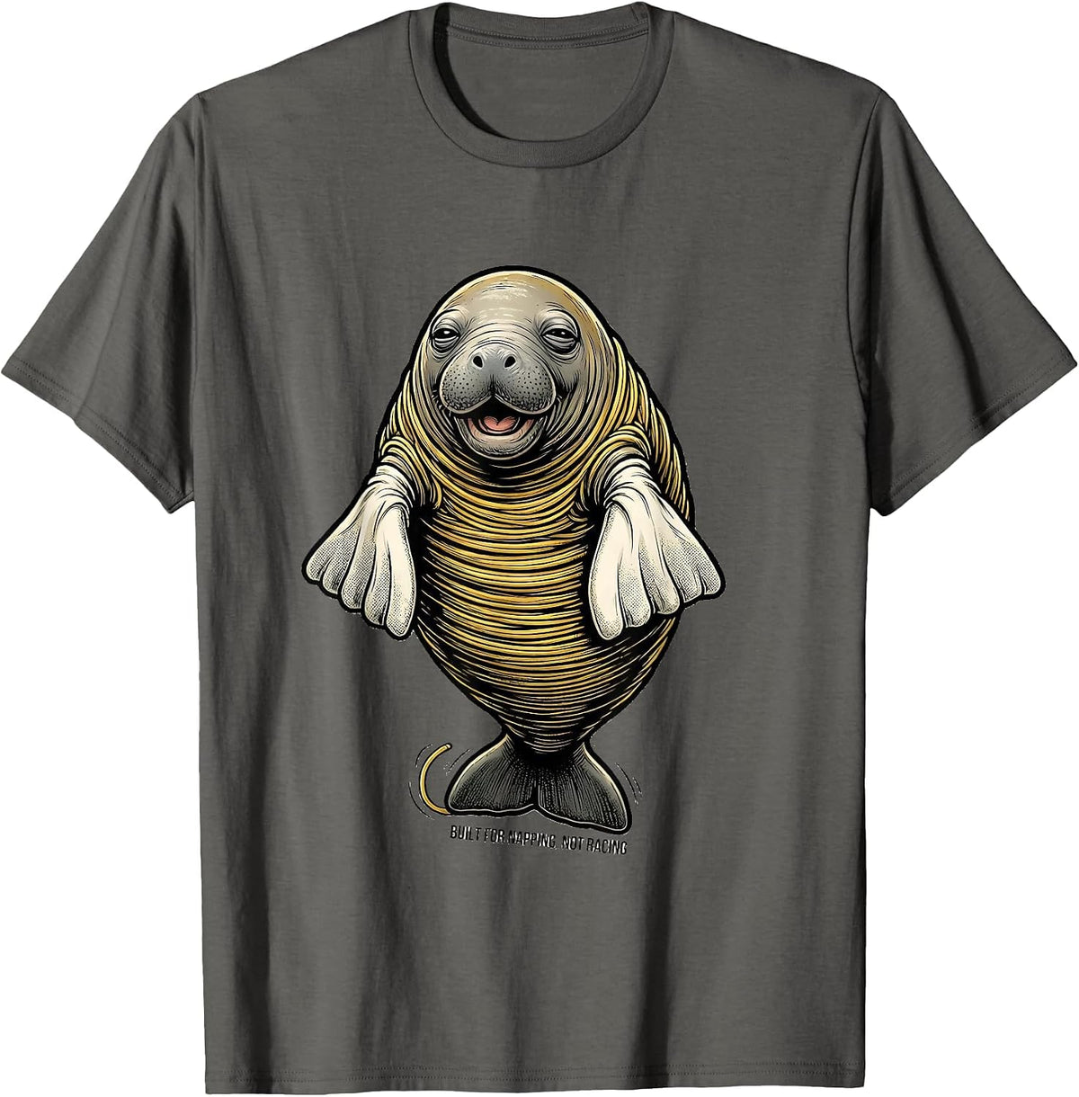 Men's Built For Napping Not Racing Retro Cartoon Manatee Lover T-Shirt - Asphalt Grey