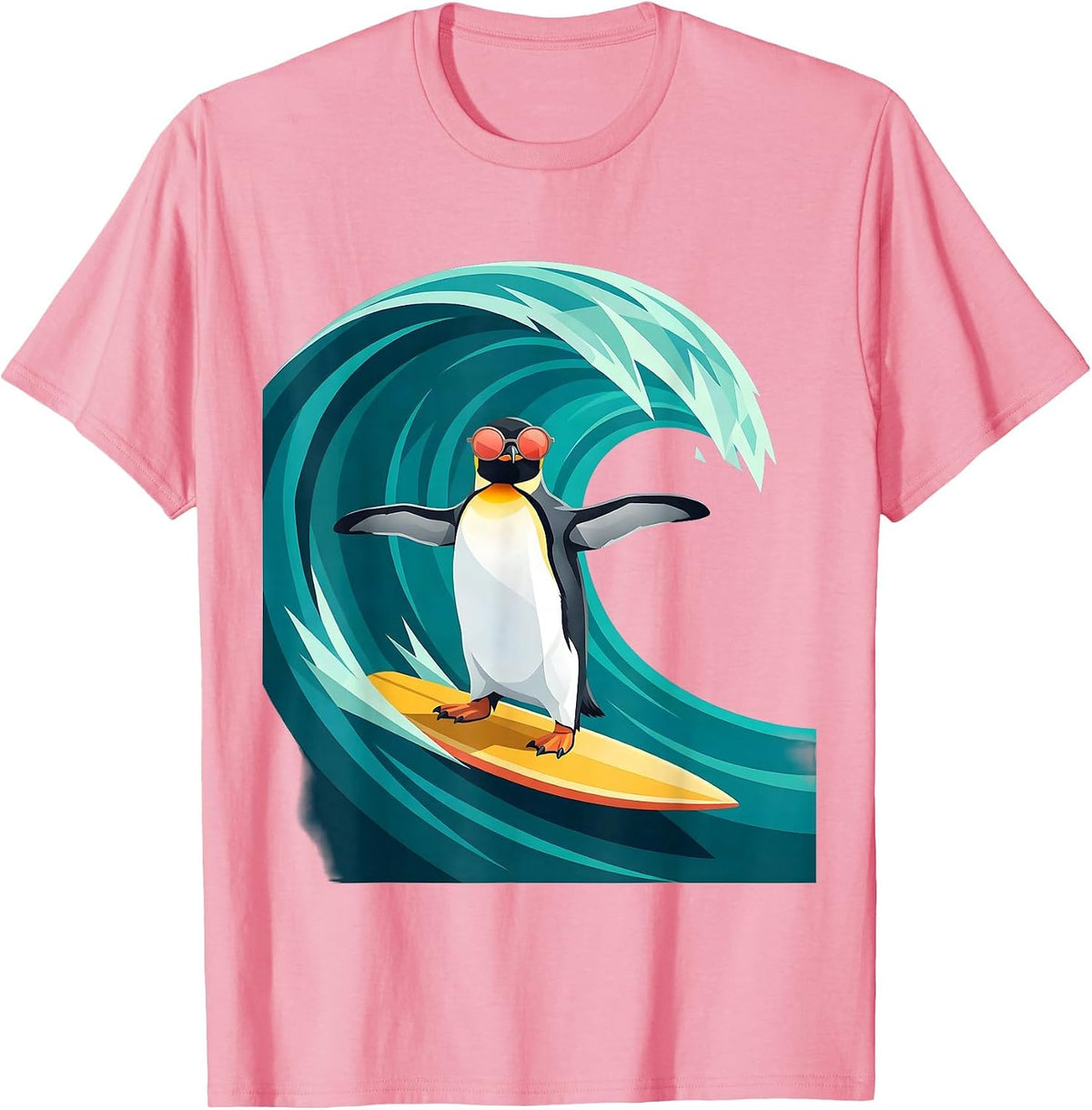 Men's Penguin in Sunglasses Surfing Ocean Wave T-Shirt - Pink