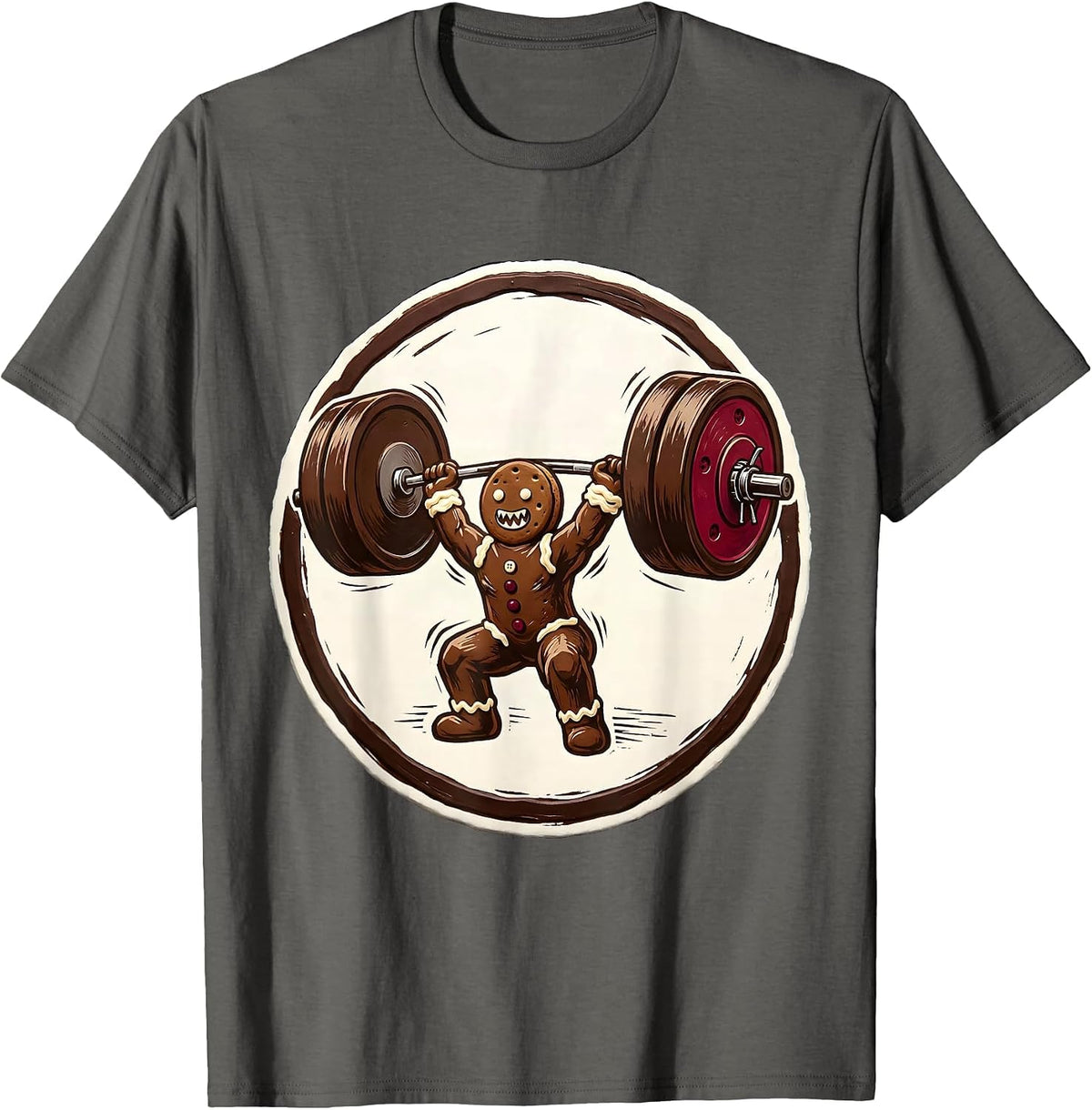 Men's Gingerbread Weightlifting Linocut Humor Gym Novelty T-Shirt - Asphalt Grey