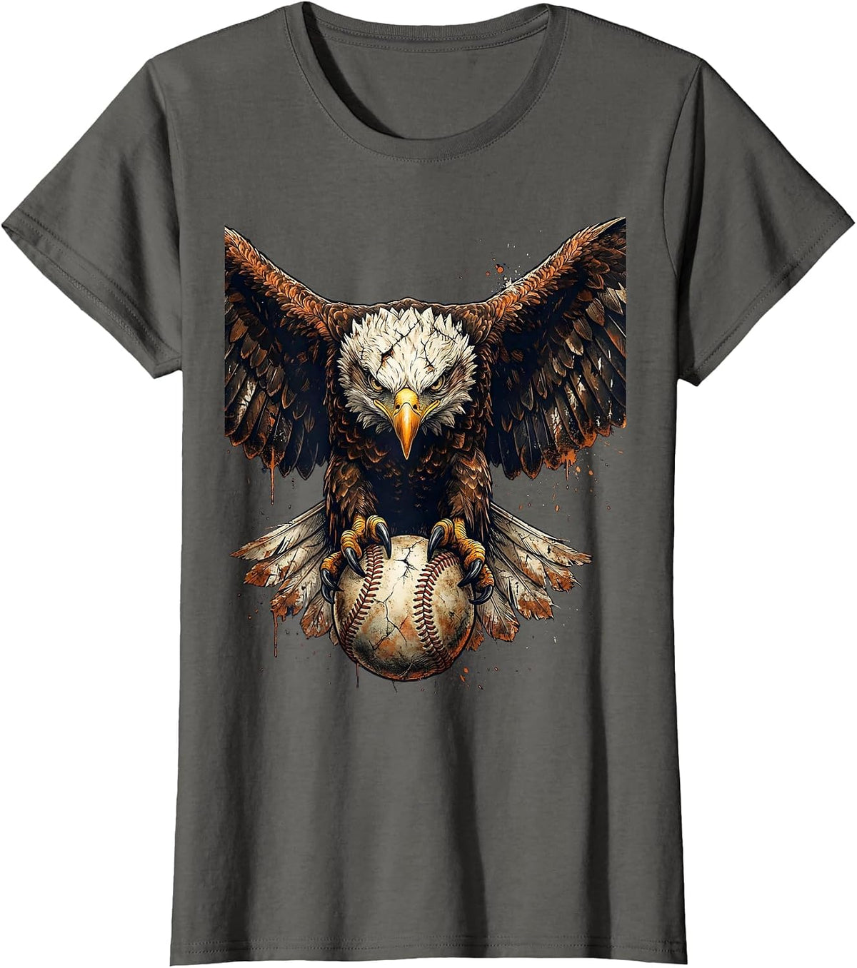 Women's Eagle Clutching Baseball Sharp Talons Graphic T-Shirt - Asphalt Grey