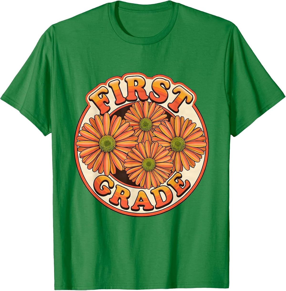 Men's FIRST GRADE Retro Flower Power Squared Back To School T-Shirt - Kelly Green